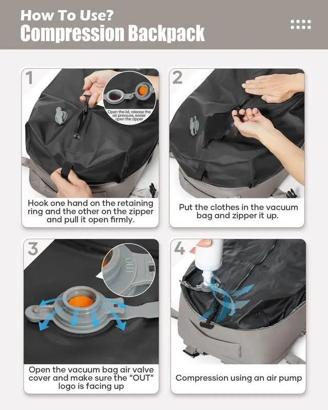 Alt view image 5 of 5 - Large Vacuum Seal Compression Travel Backpack for Women Men Air Backpack Vacpack Travel Vacuum Bags with Pump Laptop Backpack with Shoe Compartment Carry On Suitcase Luggage Flight Approved Grey Brown