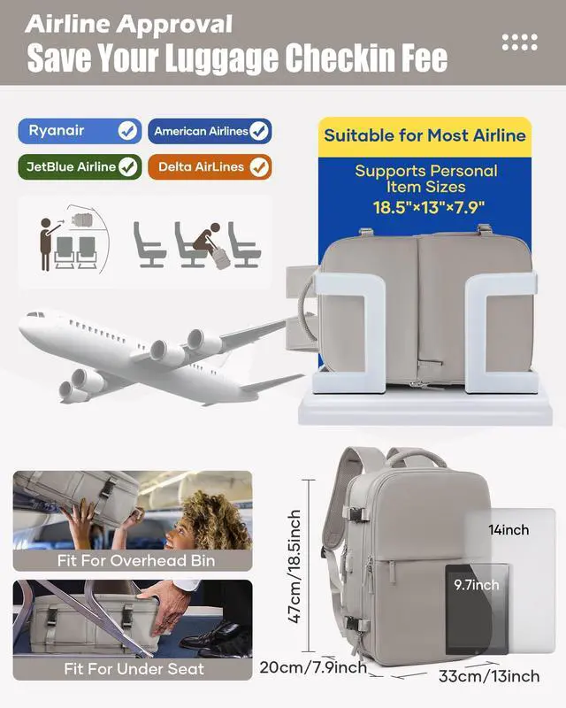 Alt view image 3 of 5 - Large Vacuum Seal Compression Travel Backpack for Women Men Air Backpack Vacpack Travel Vacuum Bags with Pump Laptop Backpack with Shoe Compartment Carry On Suitcase Luggage Flight Approved Grey Brown