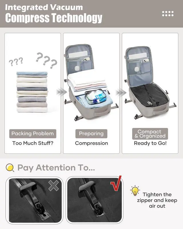 Alt view image 4 of 5 - Large Vacuum Seal Compression Travel Backpack for Women Men Air Backpack Vacpack Travel Vacuum Bags with Pump Laptop Backpack with Shoe Compartment Carry On Suitcase Luggage Flight Approved Grey Brown