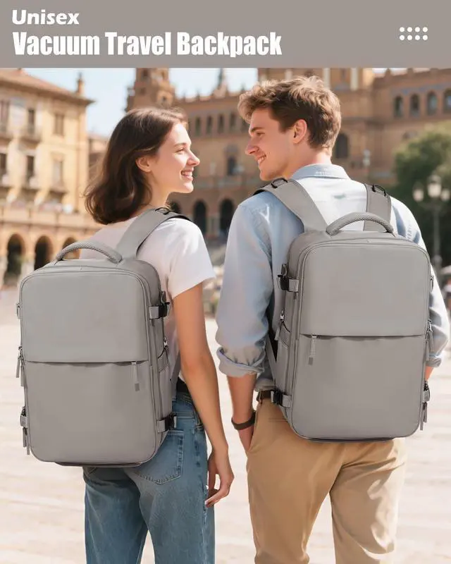 Alt view image 2 of 5 - Large Vacuum Seal Compression Travel Backpack for Women Men Air Backpack Vacpack Travel Vacuum Bags with Pump Laptop Backpack with Shoe Compartment Carry On Suitcase Luggage Flight Approved Grey Brown