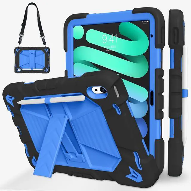 Main image of JKSML Case for iPad (A16) 11th/10th Gen | Heavy Duty Drop Protective | Rugged Silicone Cover | Pencil Holder | Adjustable Shoulder Strap | Stand for iPad 10.9" (2022)/ 11" (2025) - Black Blue