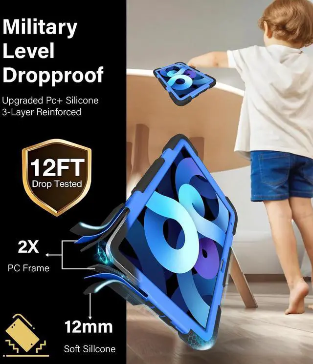 Alt view image 3 of 5 - JKSML Case for iPad (A16) 11th/10th Gen | Heavy Duty Drop Protective | Rugged Silicone Cover | Pencil Holder | Adjustable Shoulder Strap | Stand for iPad 10.9" (2022)/ 11" (2025) - Black Blue