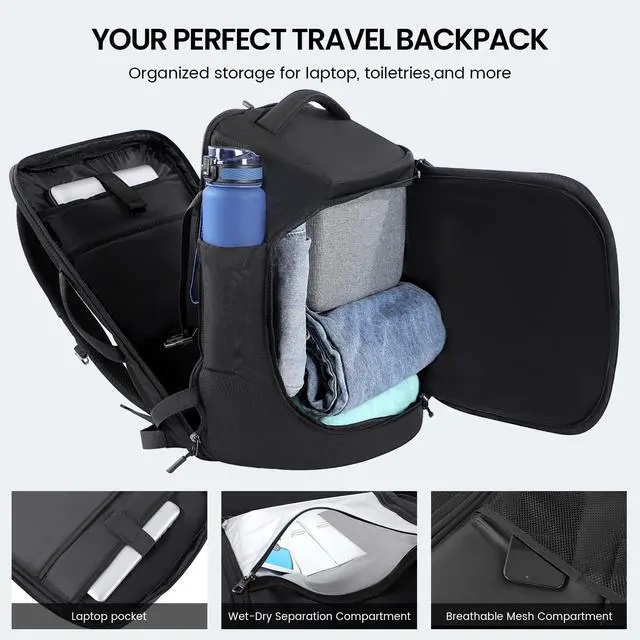 Alt view image 2 of 5 - Mecrowd Large Travel Backpack for Men 40L, Carry On Backpack TSA 17.3 Inch Laptop Mochila Flight Approved, Large Business Daypack Waterproof,Carry on bag Weekender College for Men Women, Black