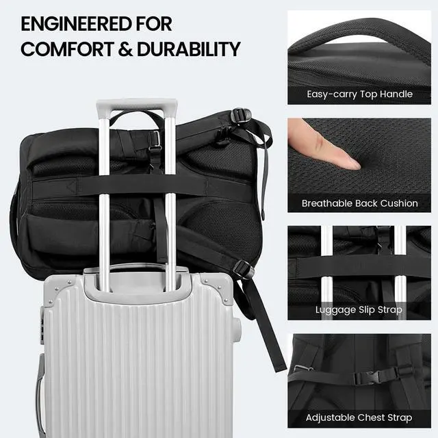 Alt view image 5 of 5 - Mecrowd Large Travel Backpack for Men 40L, Carry On Backpack TSA 17.3 Inch Laptop Mochila Flight Approved, Large Business Daypack Waterproof,Carry on bag Weekender College for Men Women, Black