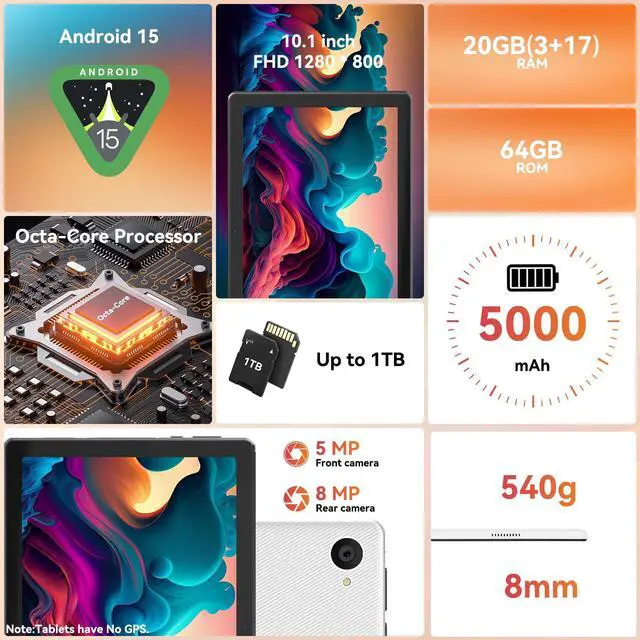 Alt view image 2 of 5 - URAO Tablet,10.1" Android Tablet with Octa-core Processor 20GB RAM 64GB ROM HD IPS Touchscreen 8H Battery, Wi-Fi 6, BT 5.0, Dual Camera, Android 15 Tablets 2025
