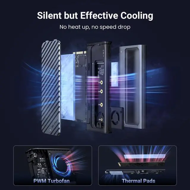 Alt view image 3 of 5 - UGREEN 40Gbps M.2 NVMe SSD Enclosure with Cooling Fan&Anti-Drop Cover, Compatible with Thunderbolt 4/3 USB4/3.2/3.0/2.0 for M1 M2 Pro, Supports M and B&M Keys and Size 2230/2242 /2260/2280 SSDs