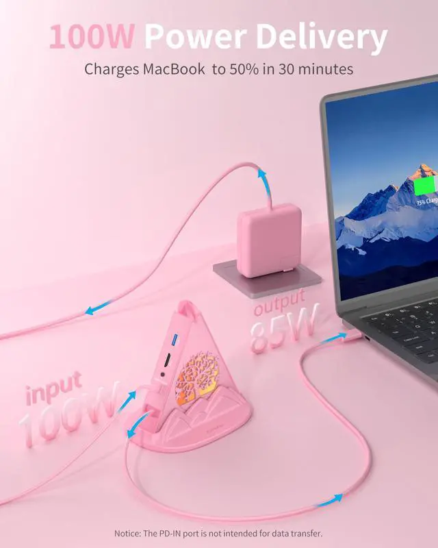 Alt view image 4 of 5 - Pink USB C Hub, 8-in-1 USB C Multiport Adapter with 4K@30Hz HDMI, 100W Power Charging, 5Gbps Type C, 3 USB-A 3.0, SD/TF Slots& RGB Lighting, Pink Type C Hub for MacBook, iPhone17, iPad, XPS(Tree)