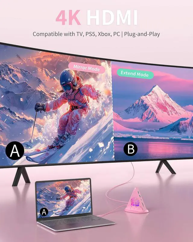 Alt view image 3 of 5 - Pink USB C Hub, 8-in-1 USB C Multiport Adapter with 4K@30Hz HDMI, 100W Power Charging, 5Gbps Type C, 3 USB-A 3.0, SD/TF Slots& RGB Lighting, Pink Type C Hub for MacBook, iPhone17, iPad, XPS(Tree)