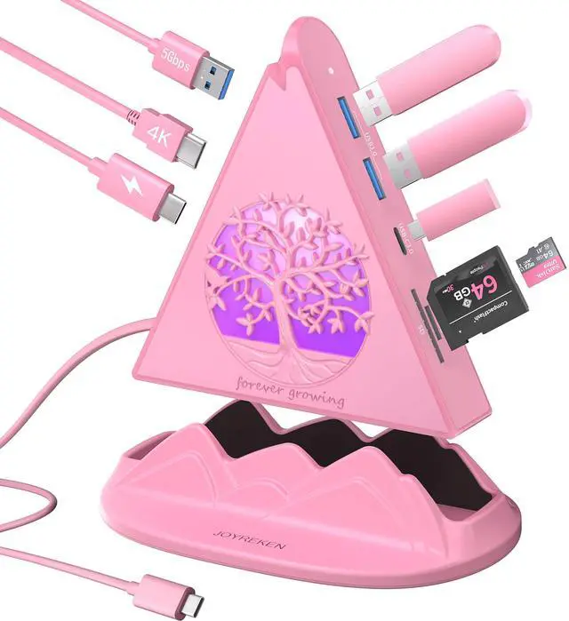 Main image of Pink USB C Hub, 8-in-1 USB C Multiport Adapter with 4K@30Hz HDMI, 100W Power Charging, 5Gbps Type C, 3 USB-A 3.0, SD/TF Slots& RGB Lighting, Pink Type C Hub for MacBook, iPhone17, iPad, XPS(Tree)