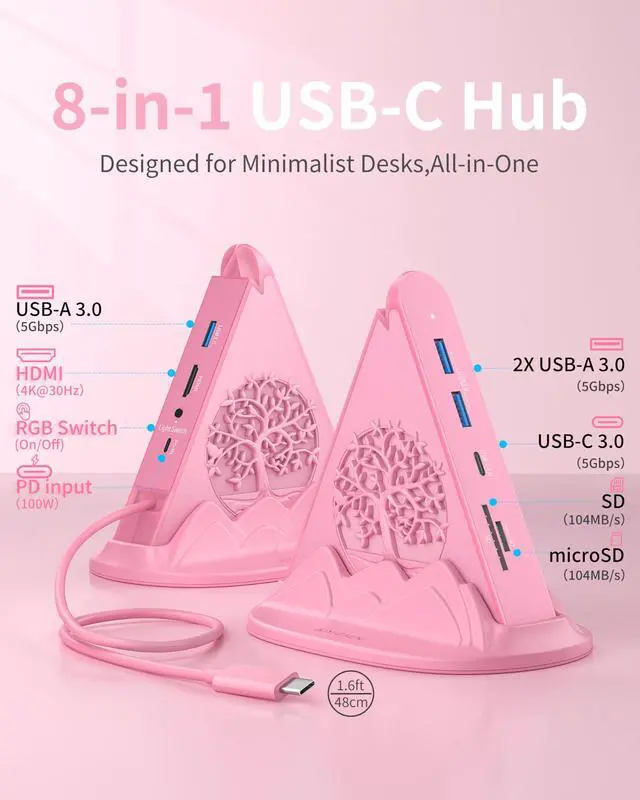 Alt view image 2 of 5 - Pink USB C Hub, 8-in-1 USB C Multiport Adapter with 4K@30Hz HDMI, 100W Power Charging, 5Gbps Type C, 3 USB-A 3.0, SD/TF Slots& RGB Lighting, Pink Type C Hub for MacBook, iPhone17, iPad, XPS(Tree)