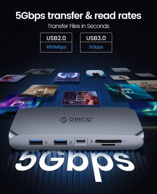 Alt view image 3 of 5 - Docking Station USB C to Dual HDMI Adapter, ORICO 12 in 1 USB C Hub with Dual HDMI, VGA, 100W PD, Ethernet, 2 USB-A 3.1, 1 USB 2.0, 1 Type-C 3.1, SD/TF, Audio, Compatible for Windows/Mac OSGrey