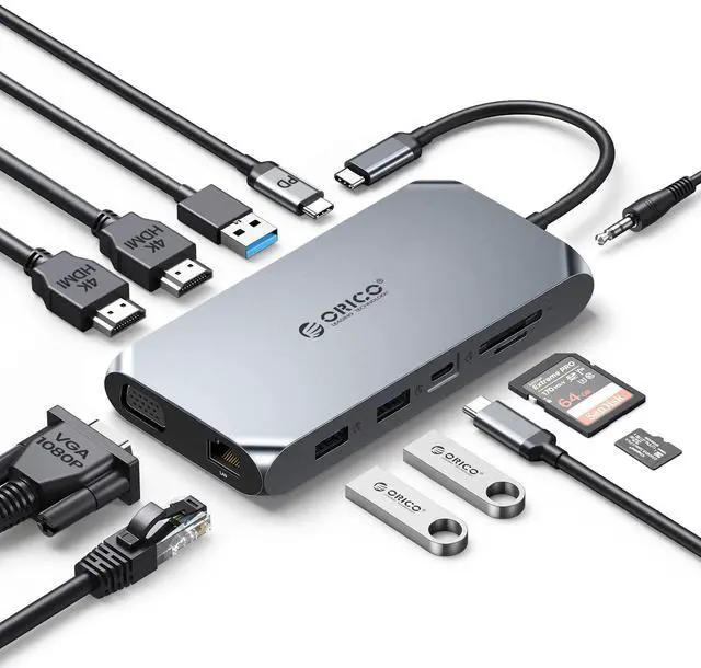 Main image of Docking Station USB C to Dual HDMI Adapter, ORICO 12 in 1 USB C Hub with Dual HDMI, VGA, 100W PD, Ethernet, 2 USB-A 3.1, 1 USB 2.0, 1 Type-C 3.1, SD/TF, Audio, Compatible for Windows/Mac OSGrey