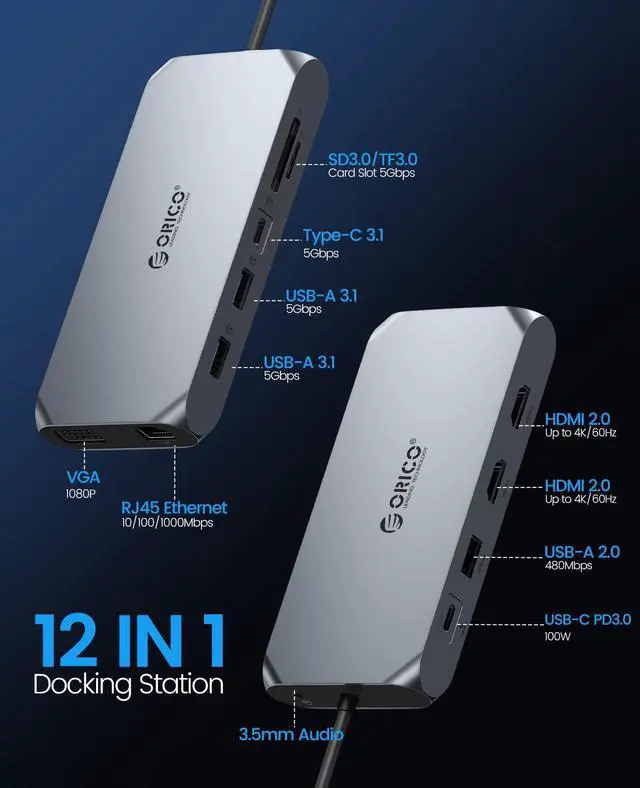 Alt view image 2 of 5 - Docking Station USB C to Dual HDMI Adapter, ORICO 12 in 1 USB C Hub with Dual HDMI, VGA, 100W PD, Ethernet, 2 USB-A 3.1, 1 USB 2.0, 1 Type-C 3.1, SD/TF, Audio, Compatible for Windows/Mac OSGrey