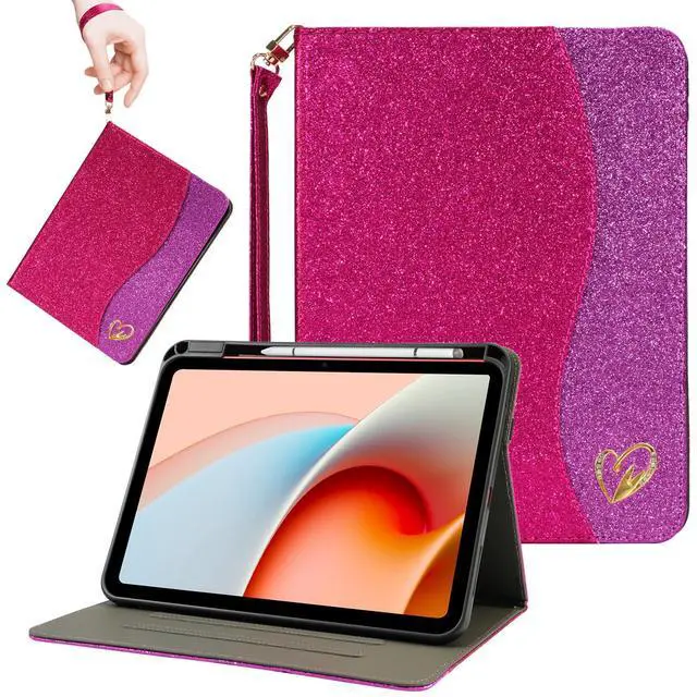 Main image of RONWTIMES Glitter Case for Samsung Galaxy Tab A9+/A9 Plus 11 Inch 2023 (SM-X210/X216/X218), Sparkly Folio Cover with Pencil Holder, Pocket, Auto Wake/Sleep, Bling Design for Women - Rose Pink+Purple