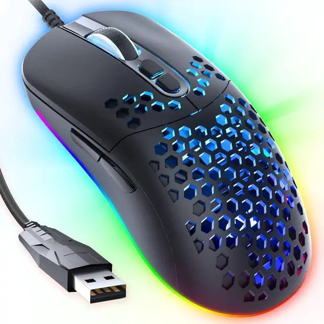 Main image of C306 Gaming Mouse, Wired Mouse for Laptop with Honeycomb Shell, 12800DPI Optical Sensor, 7 Programmable Buttons, 6 RGB Lights Ergonomic Computer Gamer Mice for Windows PC Mac