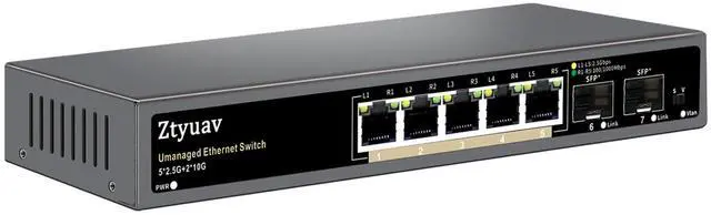 Main image of Ztyuav 7 Port Unmanaged 2.5G Ethernet Switch with 5 x 2.5G RJ-45 Base-T Ports, 2 x 10G SFP+, Ports Speed Auto-Negotiation-100/1000/2500Mbps, One-Key VLAN, Desktop/Wall Mount, Fanless & Metal