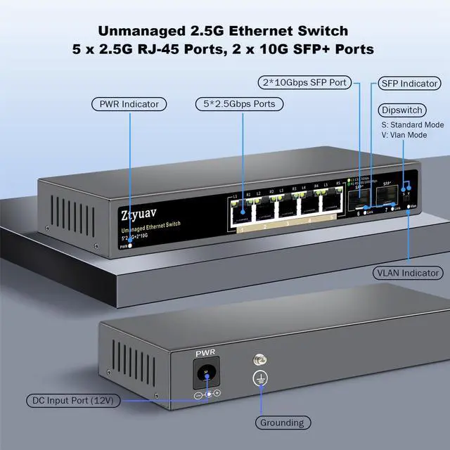 Alt view image 2 of 5 - Ztyuav 7 Port Unmanaged 2.5G Ethernet Switch with 5 x 2.5G RJ-45 Base-T Ports, 2 x 10G SFP+, Ports Speed Auto-Negotiation-100/1000/2500Mbps, One-Key VLAN, Desktop/Wall Mount, Fanless & Metal