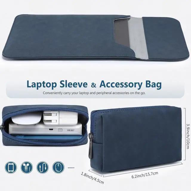Alt view image 2 of 5 - HYZUO 13.3-14 Inch Laptop Sleeve for MacBook Pro 14 M5/M4/M3/M2/M1 Pro/Max 2026-2021, 13.3" MacBook Air/Pro, 13-13.8 Surface Laptop, HP Envy 13, Faux Suede Leather Case with Pouch, Navy Blue