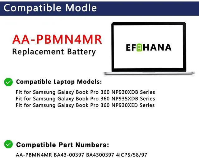 Alt view image 3 of 5 - AA-PBMN4MR 62.1Wh Laptop Battery Replacement for Samsung Galaxy Book Pro 360 13 NP930XDB NP930QED NP930XDB-KD NP930XDB-KF NP930XDB-KH NP930XED Book2 Pro NP930XED Book3 Pro NP940XFG BA43-00397 15.44V