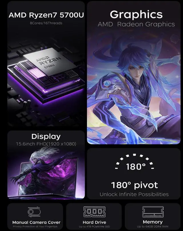 Alt view image 2 of 5 - KAIGERR 2025 Gaming Laptop, 15.6inch Laptop Computer with AMD Ryzen 7 5700U(8C/16T, Up to 4.3GHz), 16GB RAM 512GB NVMe SSD Windows 11 Laptop, Radeon RX Vega 8 Graphics,WiFi 6