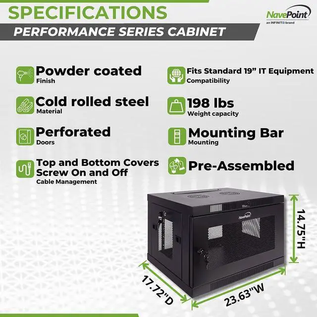 Alt view image 4 of 5 - NavePoint 6U Server Cabinet Wall Mount Rack Enclosure with Perforated Door, Locking, Removable Side Panels  6U Network Cabinet 17.7 Deep, 19 Inch Server Rack for IT and A/V Equipment
