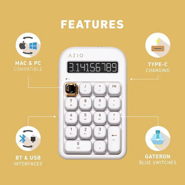Alt view image 5 of 5 - AZIO IZO Wireless Mechanical Calculator & Number Pad (White/Gold) - Bluetooth 5.0 & USB, Gateron-Blue Mechanical Switch, 9 Backlight Modes, Rechargeable, PC & Mac Compatible, White Blossom (IN103)