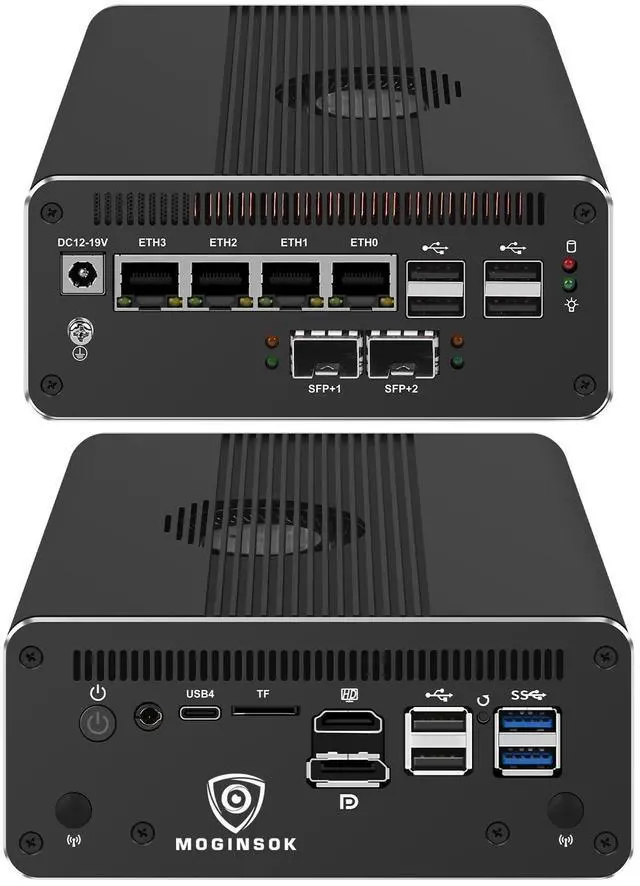 Main image of MOGINSOK MGNAS14 10Gbe Router Micro Firewall Appliance with Intel 14th Gen Core Ultra 5 125H, AI MINI PC with 2x10Gbe SFP+ 2xDDR5 RAM M.2 PCIe 4.0 SSD USB4 Support Pfsense|OPNsense|Openwrt|Windows