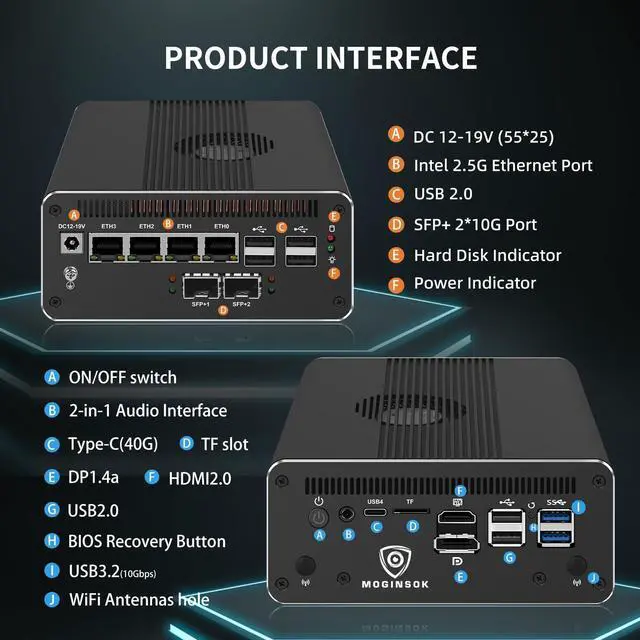 Alt view image 5 of 5 - MOGINSOK MGNAS14 10Gbe Router Micro Firewall Appliance with Intel 14th Gen Core Ultra 5 125H, AI MINI PC with 2x10Gbe SFP+ 2xDDR5 RAM M.2 PCIe 4.0 SSD USB4 Support Pfsense|OPNsense|Openwrt|Windows