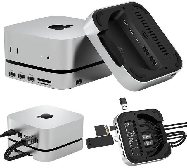 Main image of Mac mini M4 Dual Channel Dock & Desk Mount with 4TB M.2 NVMe SSD Enclosure, 10Gbps USB A/C Data Port, SD/TF Card Slot, 4K@60HZ HDMI, Mac mini M4 Aluminum Dock Stand & Hub