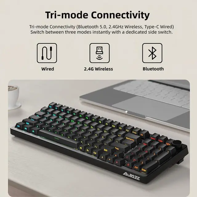 Alt view image 3 of 5 - FIRSTBLOOD ONLY GAME. AK992 Hot-Swappable 2.4G Wireless/Bluetooth 5.0/USB Wired Triple Mode Mechanical Keyboard, 98 Keys Full Layout, RGB Backlit, Brown Switches, Black Side Carving PBT Keycaps