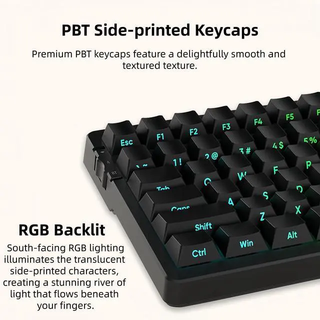 Alt view image 4 of 5 - FIRSTBLOOD ONLY GAME. AK992 Hot-Swappable 2.4G Wireless/Bluetooth 5.0/USB Wired Triple Mode Mechanical Keyboard, 98 Keys Full Layout, RGB Backlit, Brown Switches, Black Side Carving PBT Keycaps