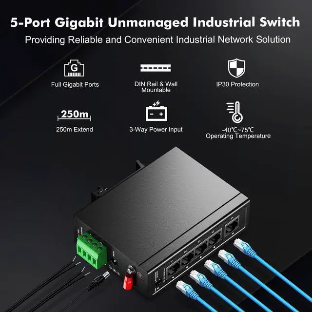 Alt view image 2 of 5 - MokerLink 5 Port Industrial Din Rail Gigabit Switch, 4 x 100/1000Mbps Ports, 1 Gigabit Uplink, Mini Size, Metal DIN-Rail & Wall Mount Ethernet Switch
