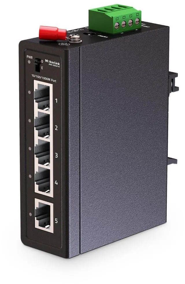 Main image of MokerLink 5 Port Industrial Din Rail Gigabit Switch, 4 x 100/1000Mbps Ports, 1 Gigabit Uplink, Mini Size, Metal DIN-Rail & Wall Mount Ethernet Switch