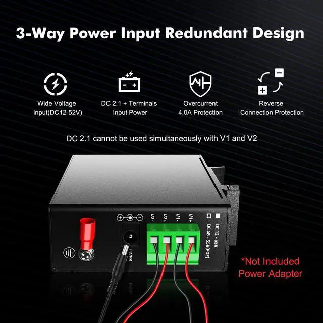 Alt view image 4 of 5 - MokerLink 5 Port Industrial Din Rail Gigabit Switch, 4 x 100/1000Mbps Ports, 1 Gigabit Uplink, Mini Size, Metal DIN-Rail & Wall Mount Ethernet Switch