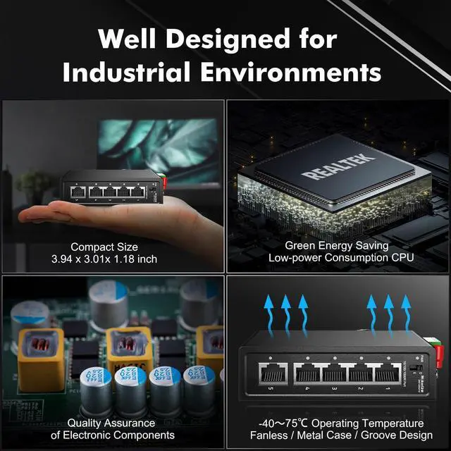 Alt view image 5 of 5 - MokerLink 5 Port Industrial Din Rail Gigabit Switch, 4 x 100/1000Mbps Ports, 1 Gigabit Uplink, Mini Size, Metal DIN-Rail & Wall Mount Ethernet Switch