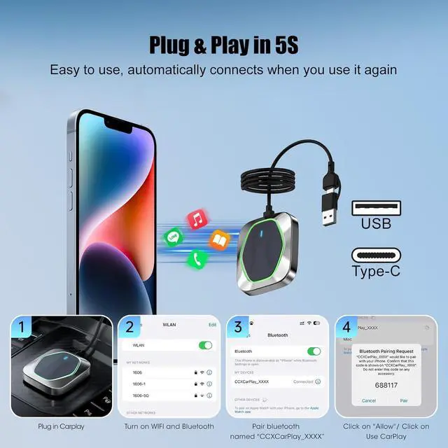 Alt view image 4 of 5 - 2in1 Wireless Carplay Adapter for iPhone Android,Plug n Play Automatic Reconnect,Convert Wired to Wireless Bluetooth Carplay Adapter Dongle,for Toyota/Honda/Cadillac/Ford/Chevrolet/Jeep (USB A/C)03bb