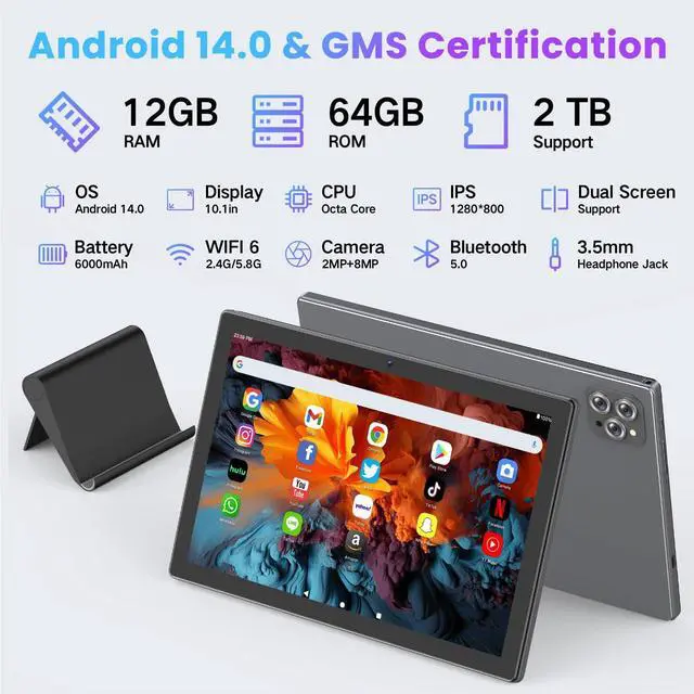 Alt view image 2 of 5 - FIEKVE Android Tablet 10.1 Inch, 2025 Android 14 Tablets with Octa-Core CPU, 12GB RAM + 64GB ROM (2TB Expand), Wi-Fi 6 BT 5.0 Tablet PC Long-Life Battery HD Touchscreen Tablets for Adult(Gray)