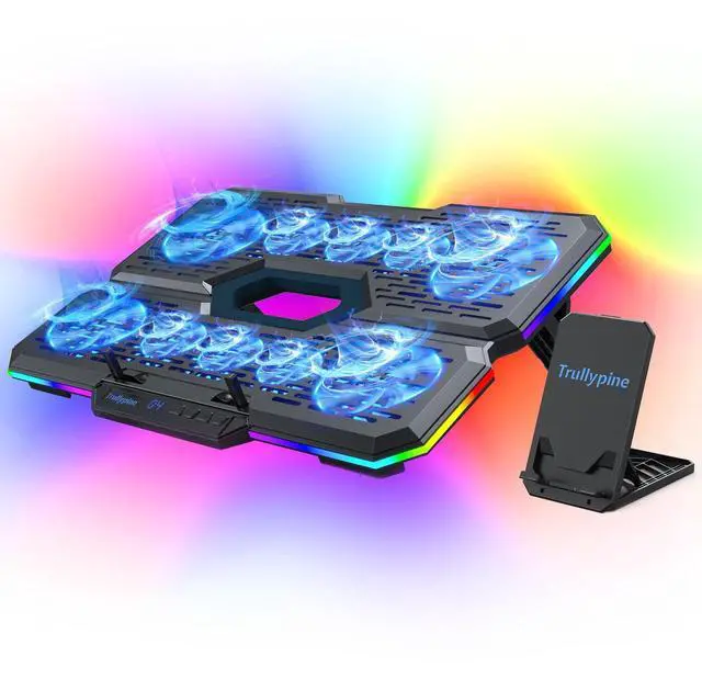Main image of Trullypine Laptop Cooling Pad, Gaming Laptop Cooler with 10 Quiet Fans, Height Adjustable Laptop Cooling Stand for 12"-17" Laptops, RGB Lights with Laptop Fan with 2 USB Port and Phone Stand