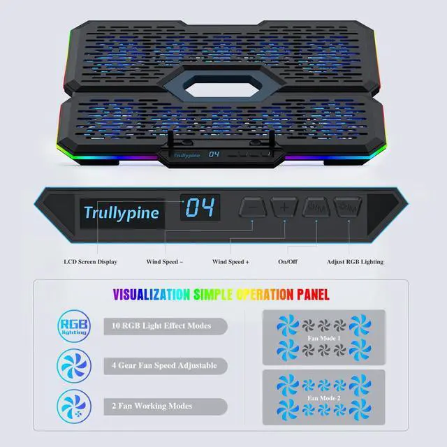 Alt view image 3 of 5 - Trullypine Laptop Cooling Pad, Gaming Laptop Cooler with 10 Quiet Fans, Height Adjustable Laptop Cooling Stand for 12"-17" Laptops, RGB Lights with Laptop Fan with 2 USB Port and Phone Stand