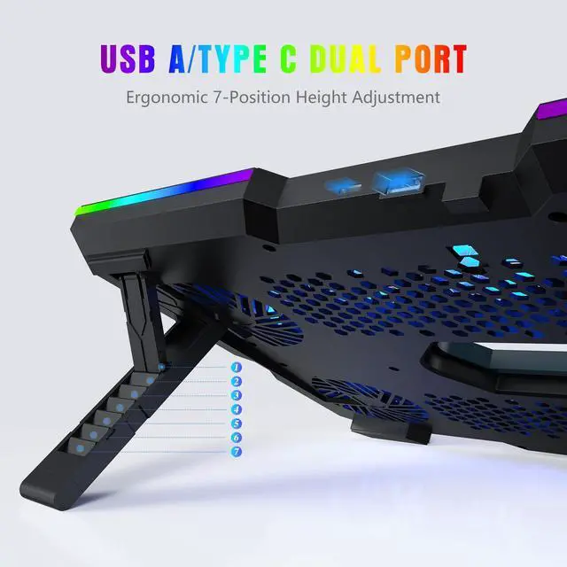 Alt view image 4 of 5 - Trullypine Laptop Cooling Pad, Gaming Laptop Cooler with 10 Quiet Fans, Height Adjustable Laptop Cooling Stand for 12"-17" Laptops, RGB Lights with Laptop Fan with 2 USB Port and Phone Stand