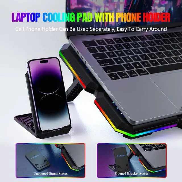 Alt view image 5 of 5 - Trullypine Laptop Cooling Pad, Gaming Laptop Cooler with 10 Quiet Fans, Height Adjustable Laptop Cooling Stand for 12"-17" Laptops, RGB Lights with Laptop Fan with 2 USB Port and Phone Stand