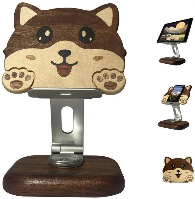 Main image of Agicogeo Solid Wood iPad Pro 12.9 Stand Tablet - 360° Rotating Tablet Holder with Handcrafted Wood-Inlaid Art Design, Heavy Duty Adjustable Base for Office, Home & Travel (Puppy)