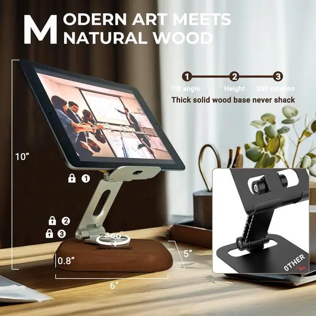 Alt view image 3 of 5 - Agicogeo Solid Wood iPad Pro 12.9 Stand Tablet - 360° Rotating Tablet Holder with Handcrafted Wood-Inlaid Art Design, Heavy Duty Adjustable Base for Office, Home & Travel (Puppy)