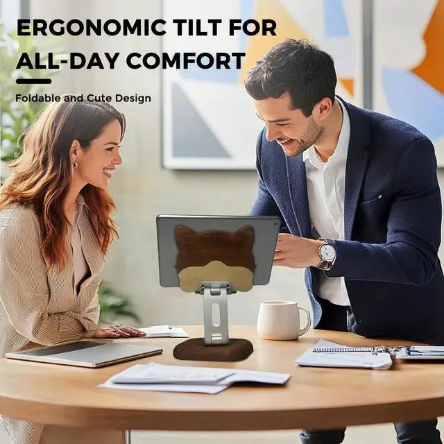 Alt view image 2 of 5 - Agicogeo Solid Wood iPad Pro 12.9 Stand Tablet - 360° Rotating Tablet Holder with Handcrafted Wood-Inlaid Art Design, Heavy Duty Adjustable Base for Office, Home & Travel (Puppy)