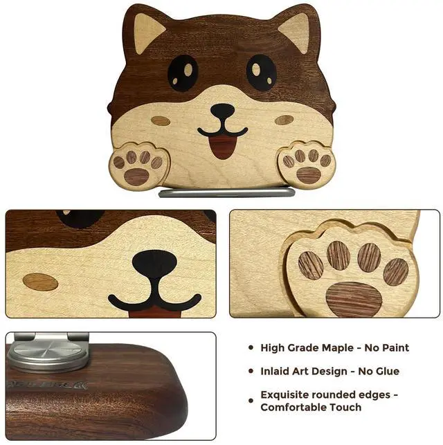 Alt view image 4 of 5 - Agicogeo Solid Wood iPad Pro 12.9 Stand Tablet - 360° Rotating Tablet Holder with Handcrafted Wood-Inlaid Art Design, Heavy Duty Adjustable Base for Office, Home & Travel (Puppy)