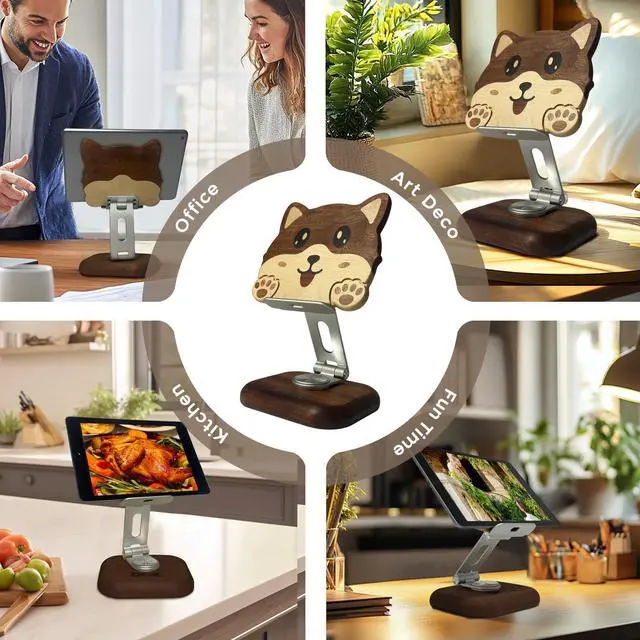 Alt view image 5 of 5 - Agicogeo Solid Wood iPad Pro 12.9 Stand Tablet - 360° Rotating Tablet Holder with Handcrafted Wood-Inlaid Art Design, Heavy Duty Adjustable Base for Office, Home & Travel (Puppy)