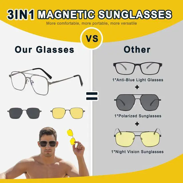 Alt view image 2 of 5 - AUSQUQI 3in1 Magnetic Clip On Night Vision Sunglasses Black For Men Women Polarized UV Protection Aviator Metal Prescription Anti-Blue Light Glasses Stylish Eyewear For Drivers(BLACK)