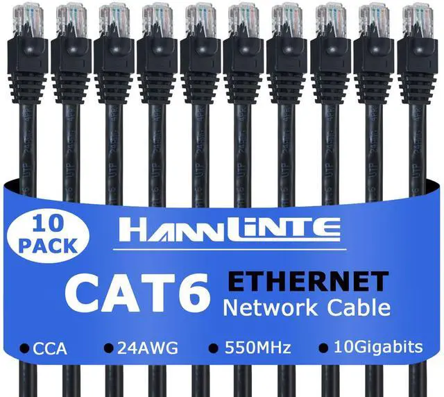 Main image of HANNLINTE Cat 6 Ethernet Patch Cable 20ft (10 Pack), 24AWG Pure Copper, Snagless, Network Cable, Compatible for PC, Routers, Switches, RJ45 LAN, Cat 6 Ethernet Cable, Patch Cables - Black 20 Feet