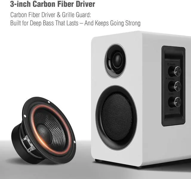 Alt view image 2 of 5 - Computer Speakers for Desktop PC, Active Bookshelf Speaker with 3 Carbon Fiber Woofer and Silk Film Tweeter ,Supports Bluetooth 5.3, USB-C, AUX/RCA Input for Record Player TV - White Stereo Set