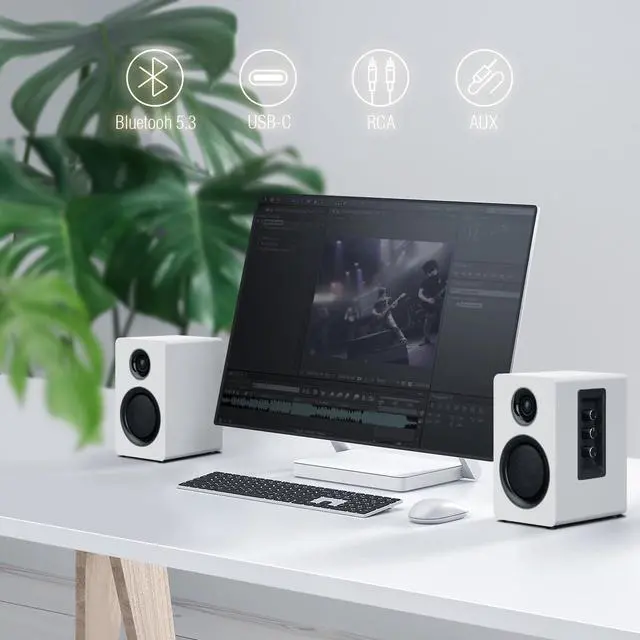 Alt view image 5 of 5 - Computer Speakers for Desktop PC, Active Bookshelf Speaker with 3 Carbon Fiber Woofer and Silk Film Tweeter ,Supports Bluetooth 5.3, USB-C, AUX/RCA Input for Record Player TV - White Stereo Set